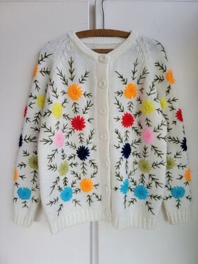 Vintage Hand Knit Floral Cardigan Colorful Embroidered Flowers Cottagecore M L